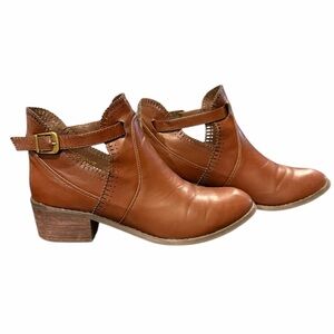 Yoki Catalina Cognac Faux Leather Cut Out Side Buckle Strap Block Heels Booties